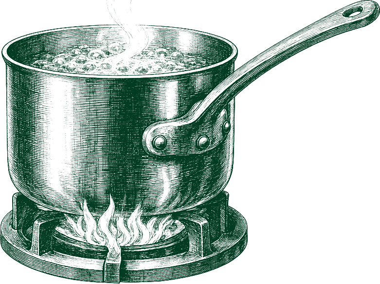 An engraved saucepan, its steam curling once into the Saucery&rsquo;s swash S.