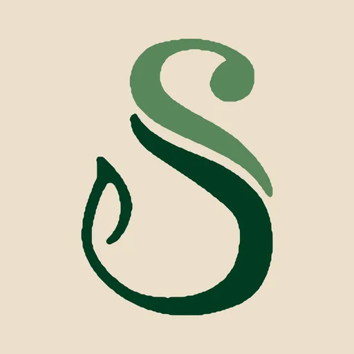 The Saucery app icon: a swash letter S drawn in two greens on parchment.