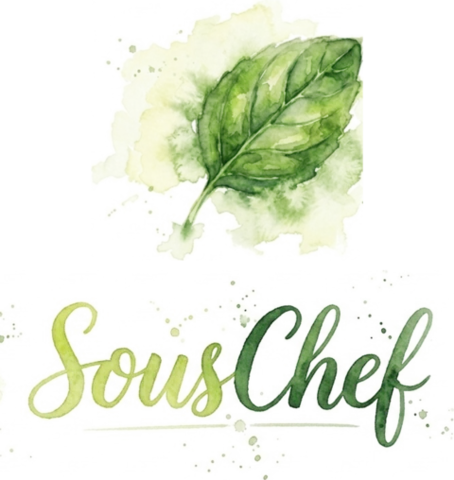The retired SousChef wordmark: a watercolour basil leaf above a brush-script &ldquo;SousChef&rdquo;.