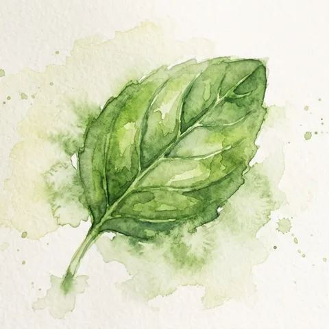 The final hand-painted watercolour basil-leaf app icon.